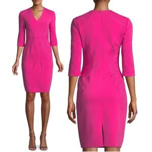 ph15 Embroidered 3/4 V-Neck Mini Sheath Dress Hot Pink Women's Size M / US 6